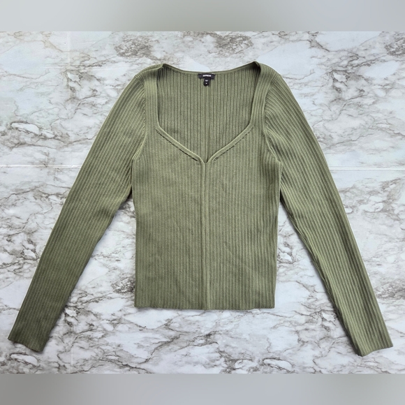Express Olive Green Ribbed Fitted Sweater - Picture 2 of 8